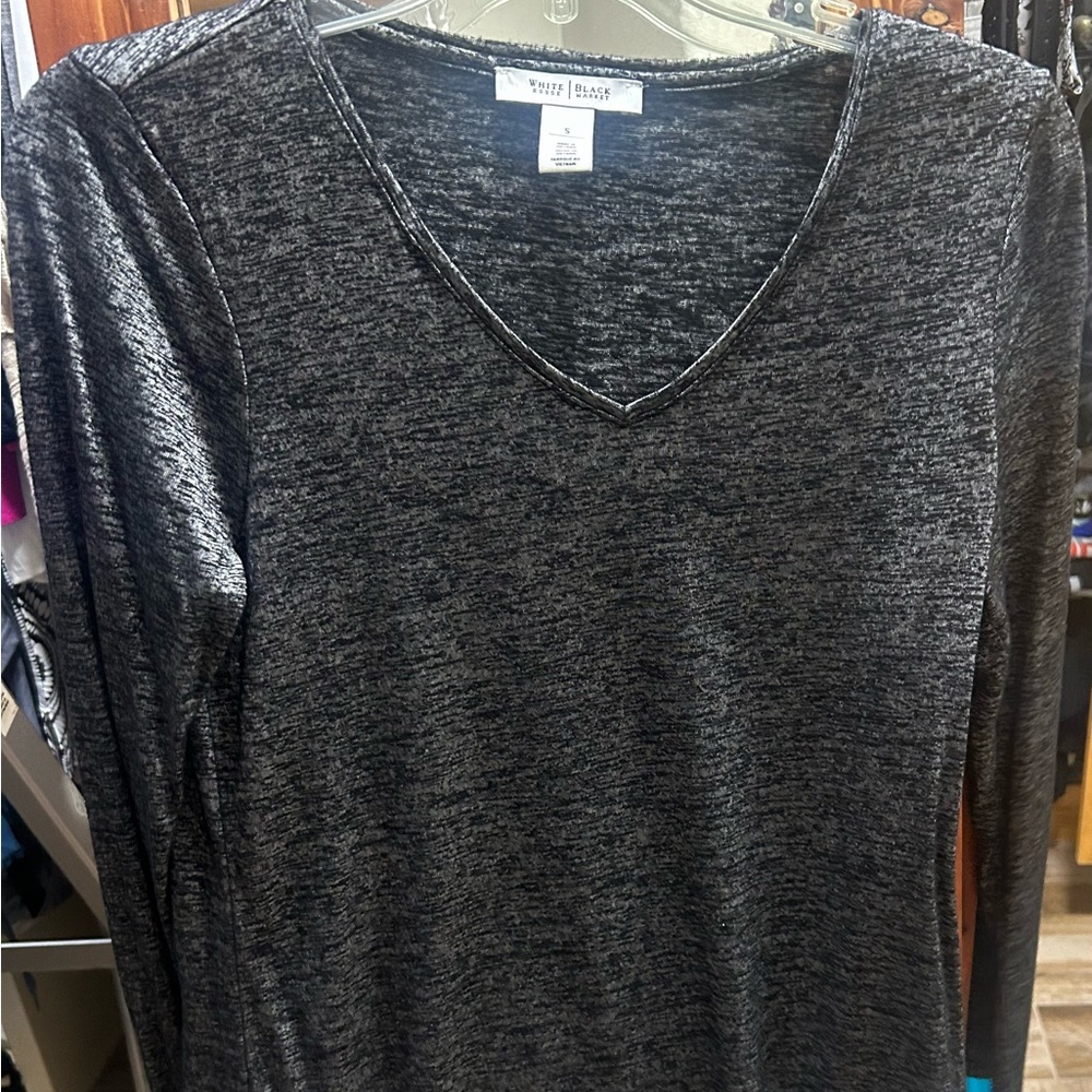 White House Black Market Women's Grey V-Neck Top